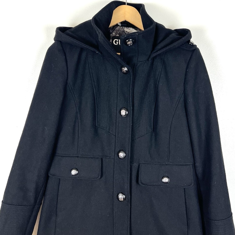 Vtg Y2k Guess Black Hooded Military Style Pea Coat Jacket Women M Wool Blend